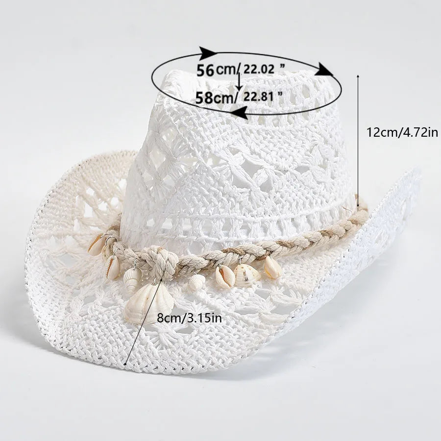 Sommer Strohhut für Damen – Handgewebter Sonnenhut mit Muschel-Dekoration, Panama Strandhut Kaufschwan®