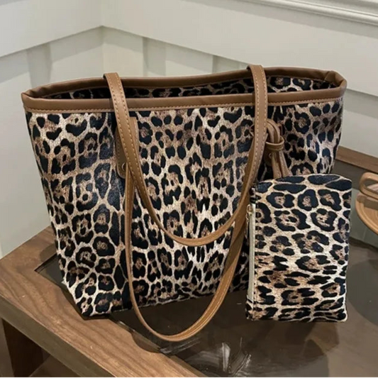 Leopardenmuster Tote Bag mit Beutel – Stylische Kunstleder Schultertasche | Große Kapazität Shopping Bag für Damen Alltag Kaufschwan® Kaffee