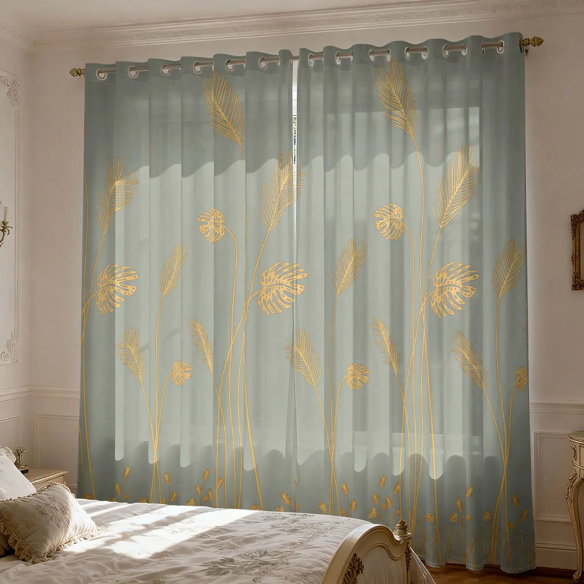 Schilf Pflanzen Print Wollvorhang Lichtblockierend Isoliert für Wohnzimmer Schlafzimmer 2 Stück/Set Kaufschwan® Grau - Gold 214x214 cm Ösenverschluss