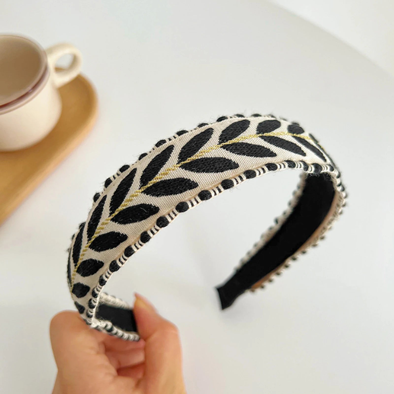 Haarreif mit Blätterstickerei – Modischer Turban Haarreif für Damen & Mädchen | Frühlingsaccessoire Kaufschwan® Schwarz