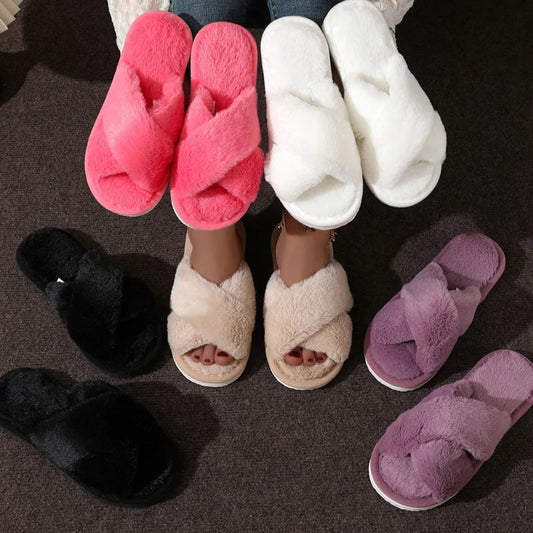 Modische Cross-Strap Plüschpantoffeln für Damen | Flauschige Hausschuhe für Zuhause | Kunstfell Flacher Absatz, Große Größe 43 Kaufschwan®