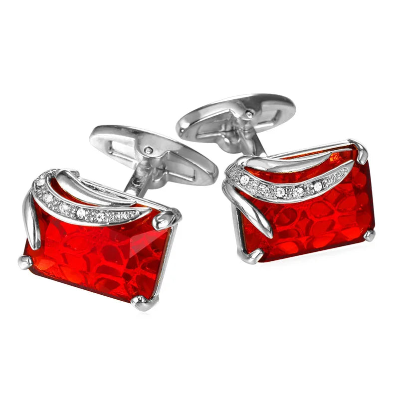 Rechteckige Herren Manschettenknöpfe mit Kristallstein – Rot, Blau & Schwarz | 14×19mm Österreichischer Kristall Luxus Schmuck Geschenk Kaufschwan® Rot - Silber
