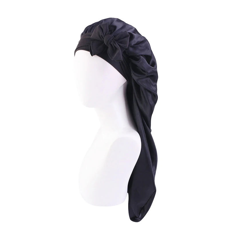 Lange Übergroße Satin-Schlafhaube für Damen – Atmungsaktive Elastische Haarhaube mit Schleifenband für die Nacht Kaufschwan® Schwarz