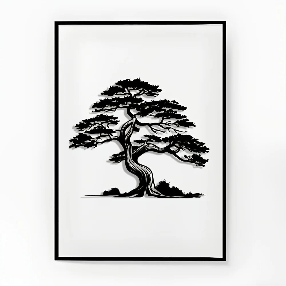 2D Flaches Eisen Kiefernbaum Wandbild – Elegantes Abstraktes Metall Design mit Sonneneffekt