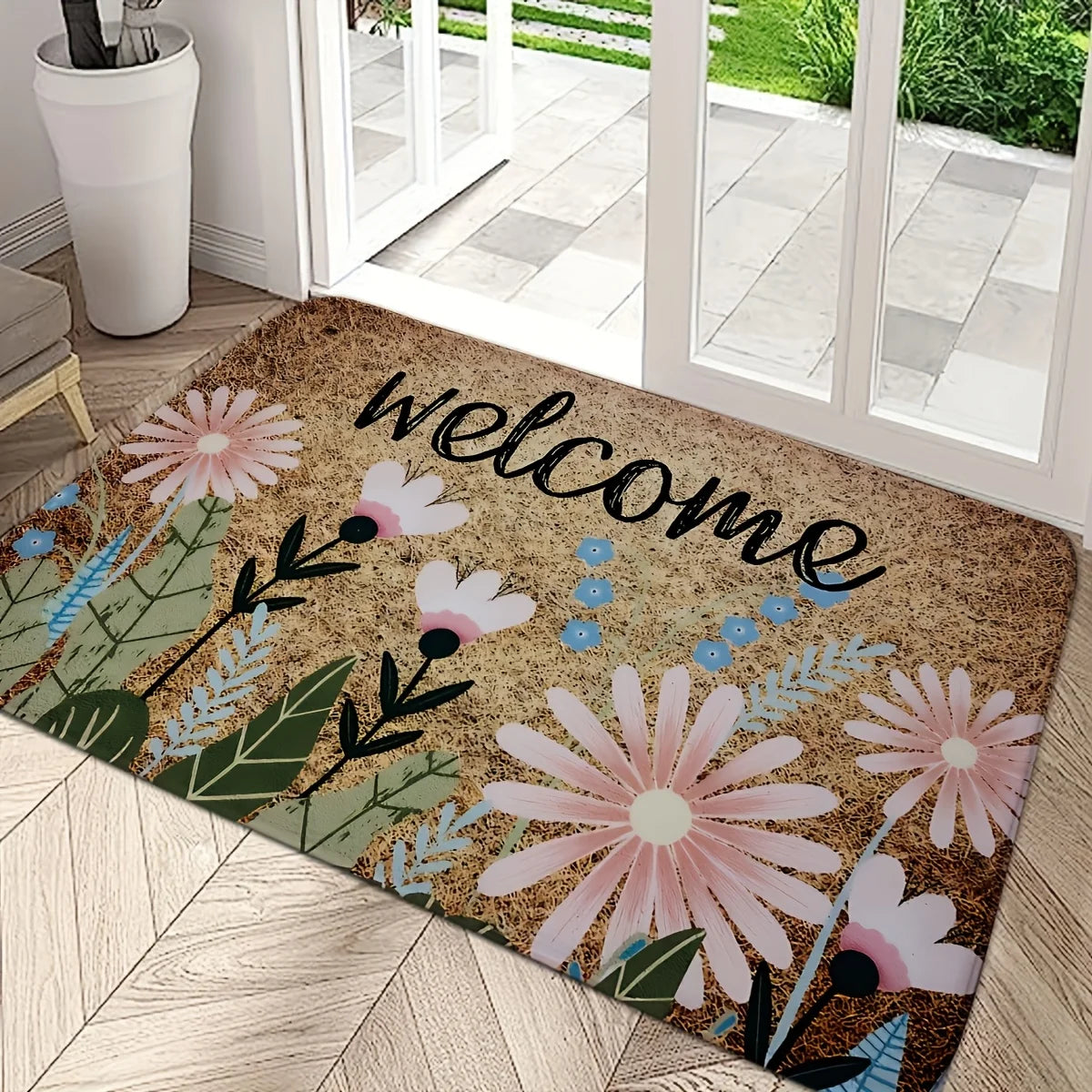 Blumenmuster Outdoor Fußmatte – Goldene Diamant-Velours-Material, Perfekt für Innen- und Außentüren & Badezimmer Kaufschwan®