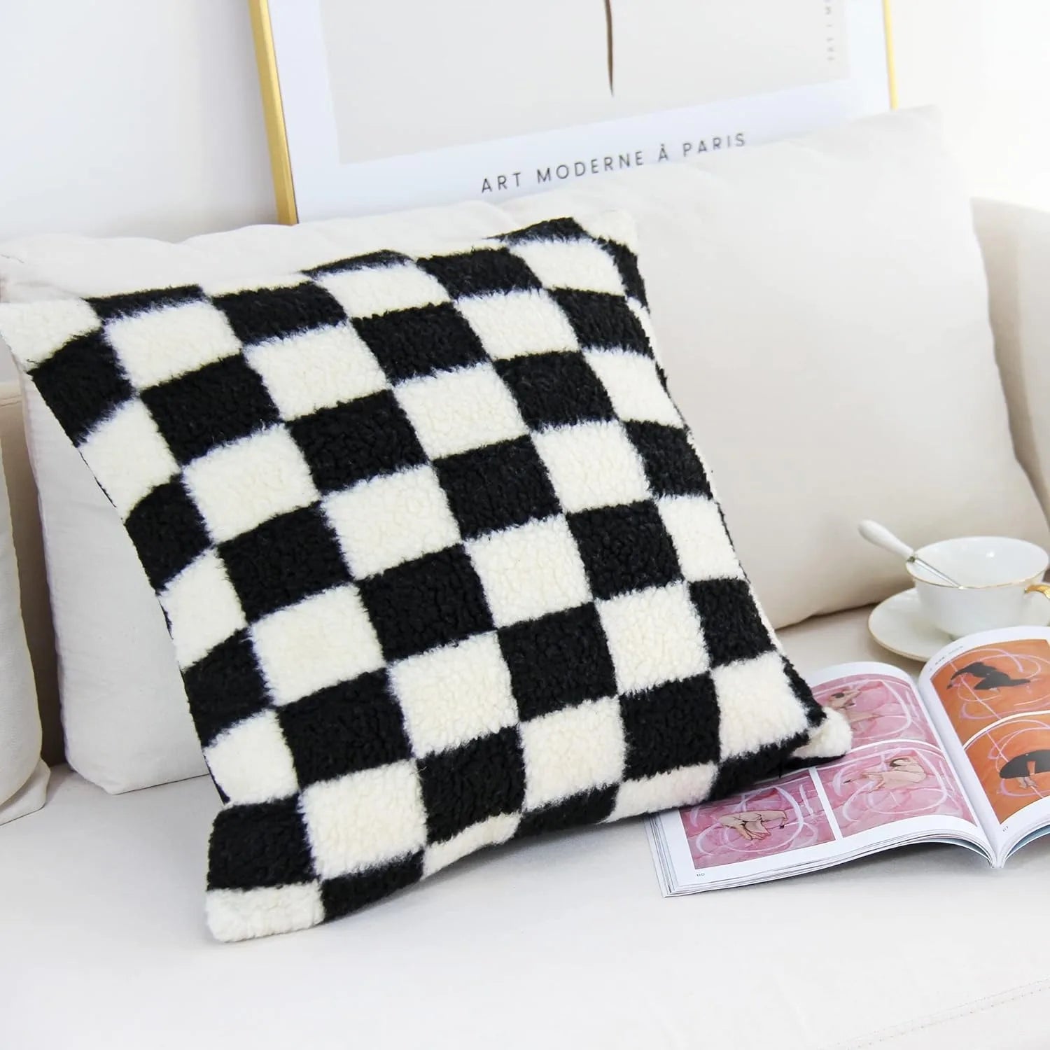 Schwarzer Kunstfell Woll Kissenbezug | Karierter Bezug für Sofa, Couch & Wohnzimmer | Wohnraum-Deko Kaufschwan®