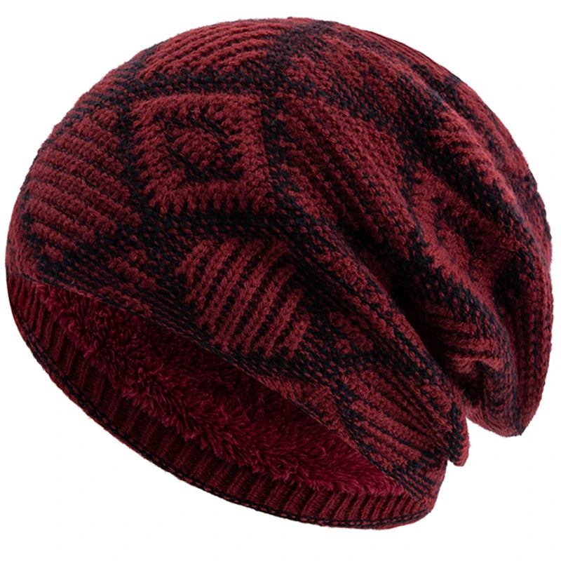 Unisex Winter Mütze – Farbblockierte Diamant-Strickmütze mit Plüschfellfutter | Warme Outdoor-Mütze für Damen & Herren Kaufschwan® Rot 56cm-60cm