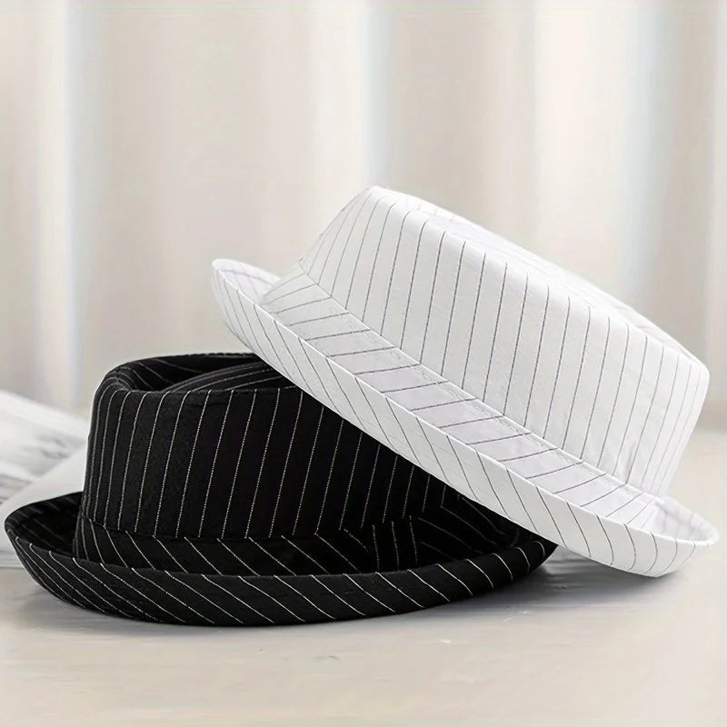 Klassischer gestreifter Fedora Hut – Kurzkrempiger Woll-Jazzhut für Damen & Herren, Schwarz-Weiß Streifen, Freizeit & Formal Kaufschwan®