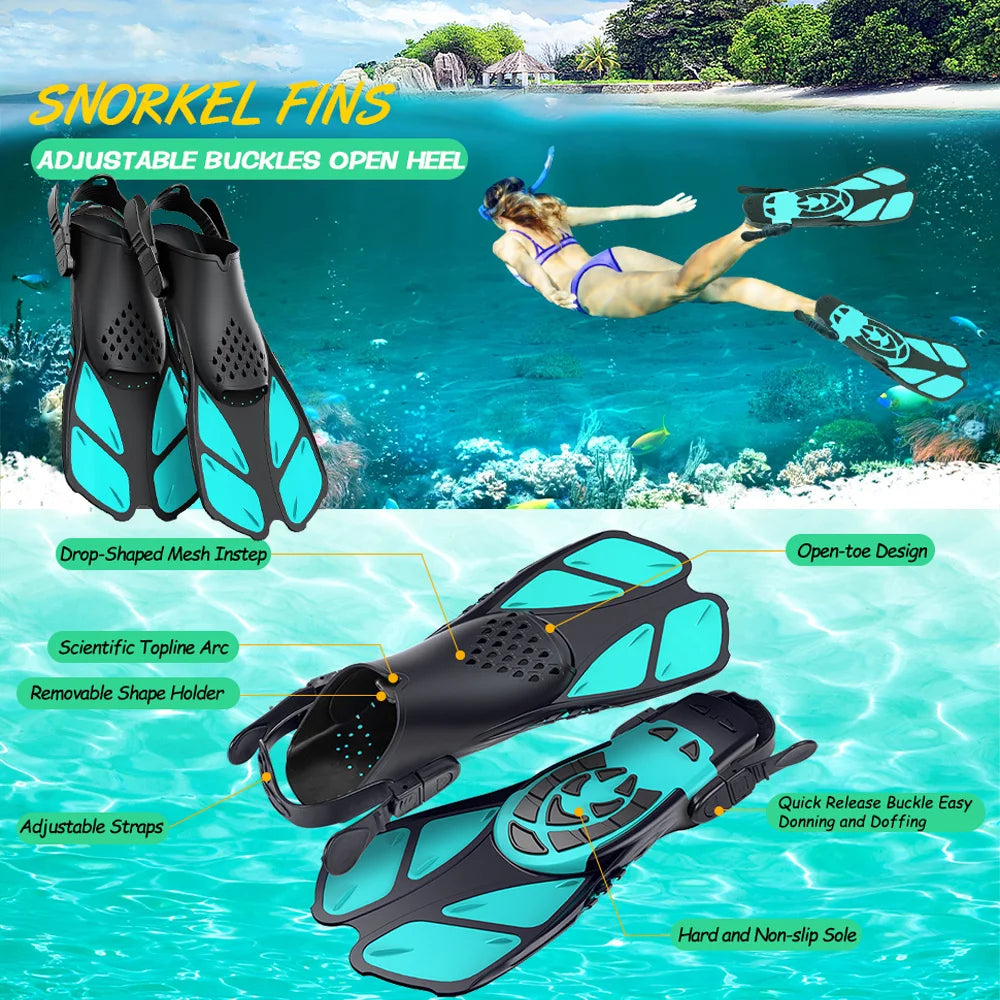 Schnorchelflossen mit verstellbaren Schnallen | Kurze Silikon Schwimmflossen | Offene Ferse Tauchschuhe für Erwachsene Herren & Damen Kaufschwan®