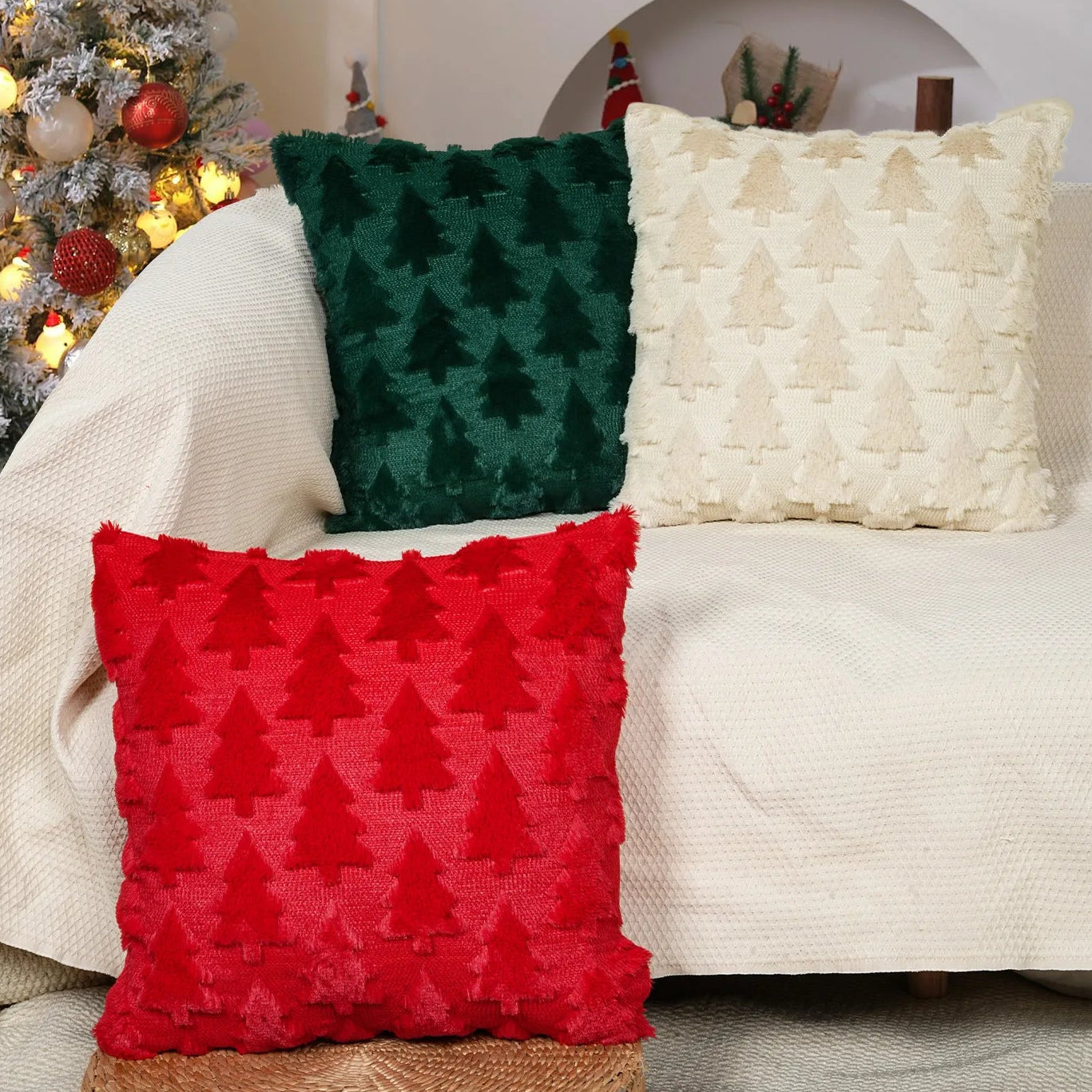 45x45cm Weihnachts Kissenbezug – Gestepptes Plüsch Design | Stern & Tannenbaum Motiv Sofakissen Bezug für Wohnzimmer Deko