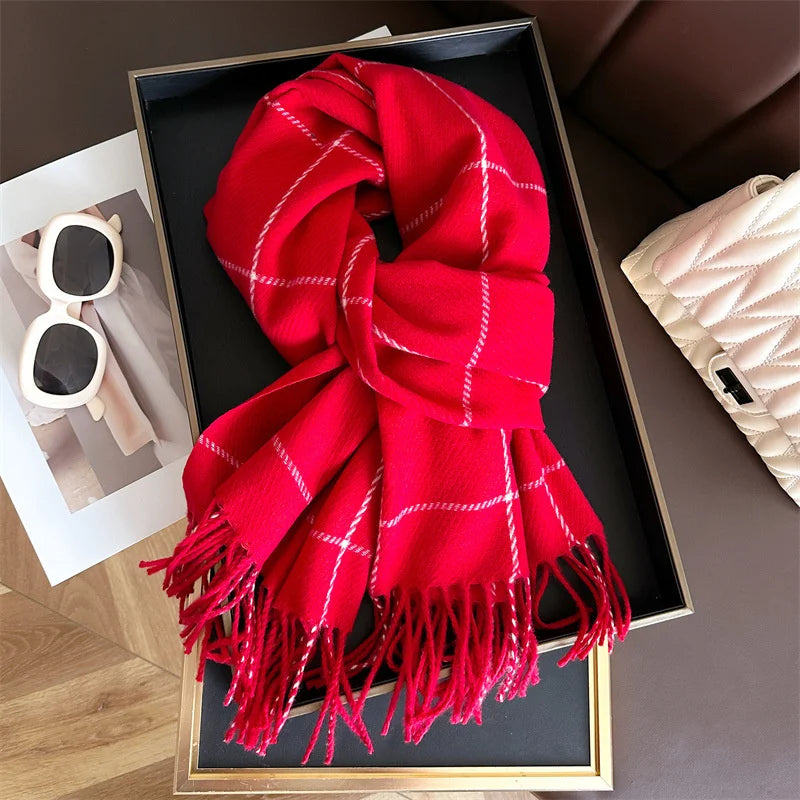 Modischer Karo Kaschmir-Imitat Schal | Luxus Pashmina Wärmeschal | Umschlagtuch, Poncho Decke mit Fransen Kaufschwan® Rot