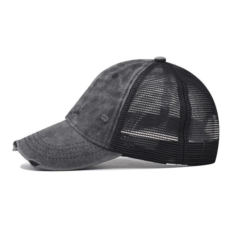Washed Cotton Mesh Baseballkappe | Vintage Ripped Leichte Kappe für Herren & Damen | Atmungsaktive Frühlings- & Sommermode Kaufschwan®