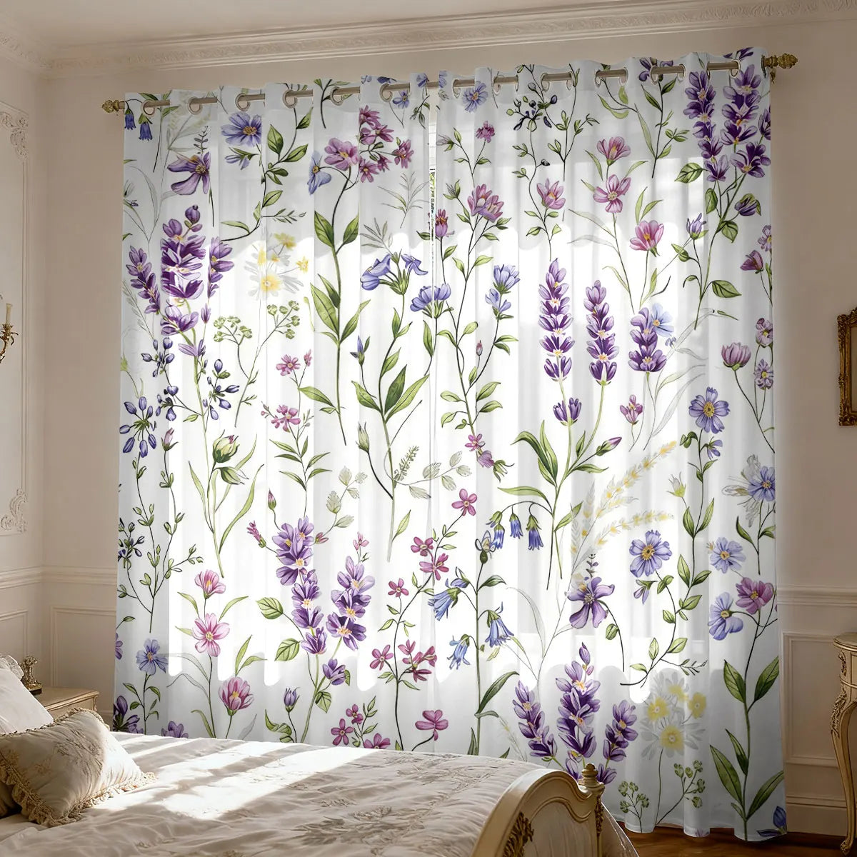 Lavendel Blumen Print Vorhang Isoliert für Wohnzimmer Schlafzimmer Dekoration 2 Stück/Set Kaufschwan® Weiß - Bunt 214x160 Ösenverschluss