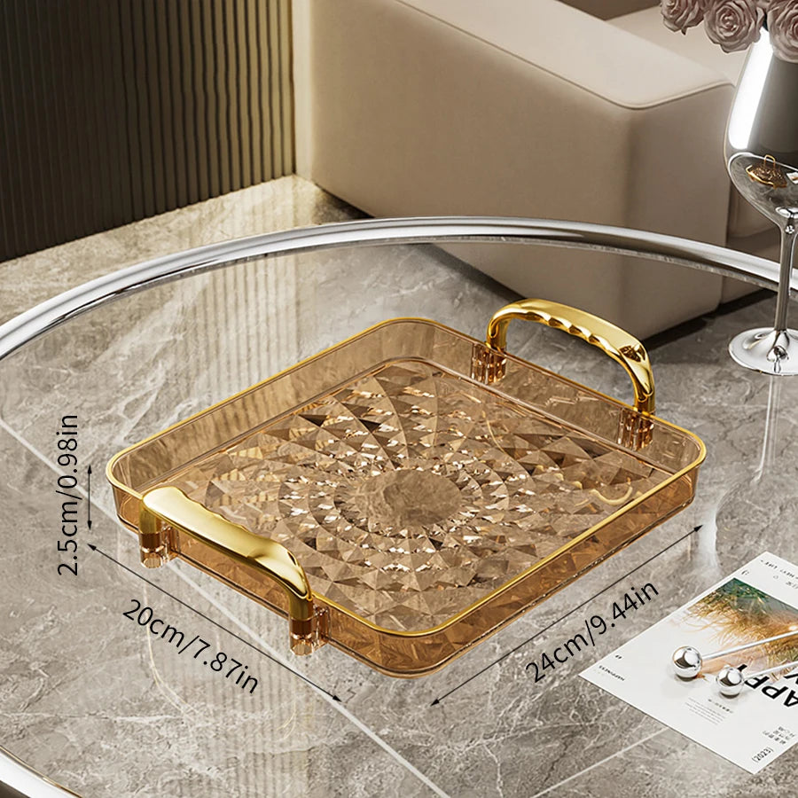 Transparentes Luxus-Serviertablett – Kunststoff Obst- & Desserttablett mit Griff, Dekoratives Aufbewahrungs- & Küchen-Organizer-Tablett