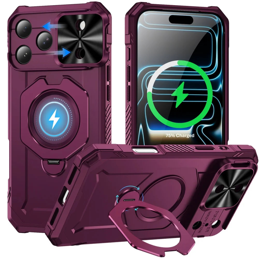 Hochwertige Mecha-Armor MagSafe-Hülle für iPhone 18 Pro & iPhone 18 Pro Max – Magnetischer Ständer mit Verschiebbarem Kameraschutz Kaufschwan® Weinrot iPhone 18 Pro