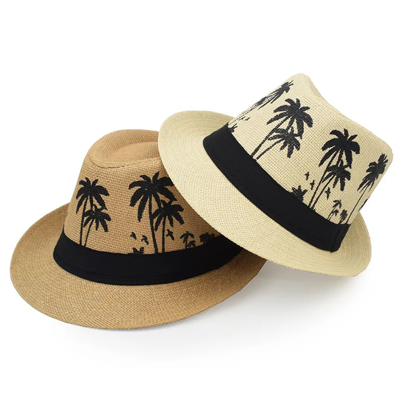 Sommer Strohhut – Herren & Damen, Kokosbaum-Muster, Outdoor Atmungsaktiv, Tropischer Jazz Fedora, Panama Hut Kaufschwan®
