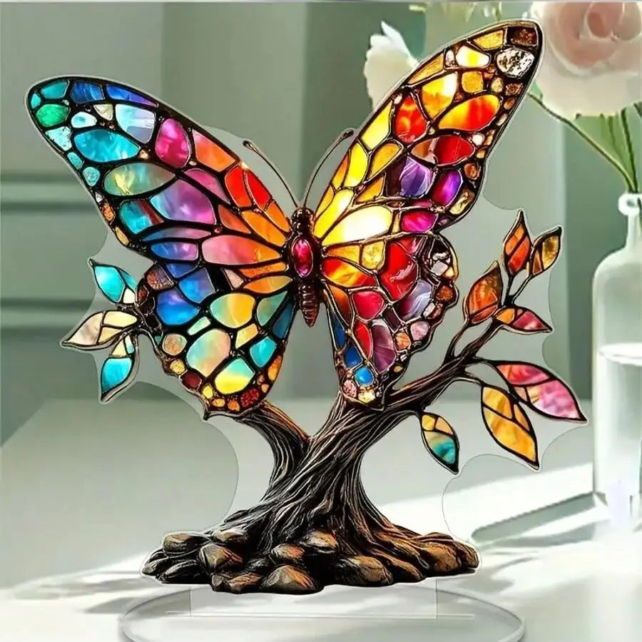 Farbige Glasdekoration Schmetterling und Baum des Lebens – Exklusive Valentinstag Deko für Zuhause und Büro Kaufschwan®