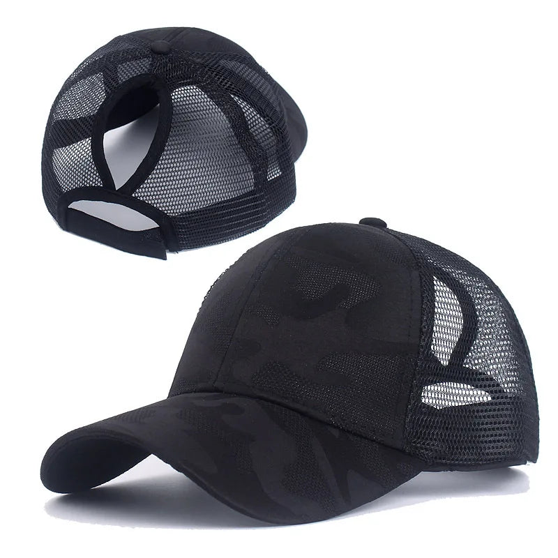 2024 Neue Sommer Camouflage Mesh Trucker Hut | Damen Snapback Baseballkappe | Messy Hair Bun & Ponytail Freundlich Kaufschwan® Schwarz