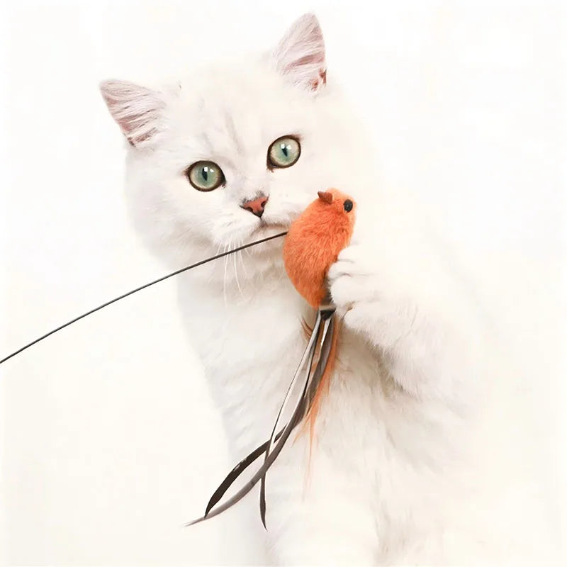 Feder-Vogel-Spielzeug für Katze – Interaktiver Katzen-Spielstab mit Langem Stahldraht & Epoxid-Saugnapf Kaufschwan®