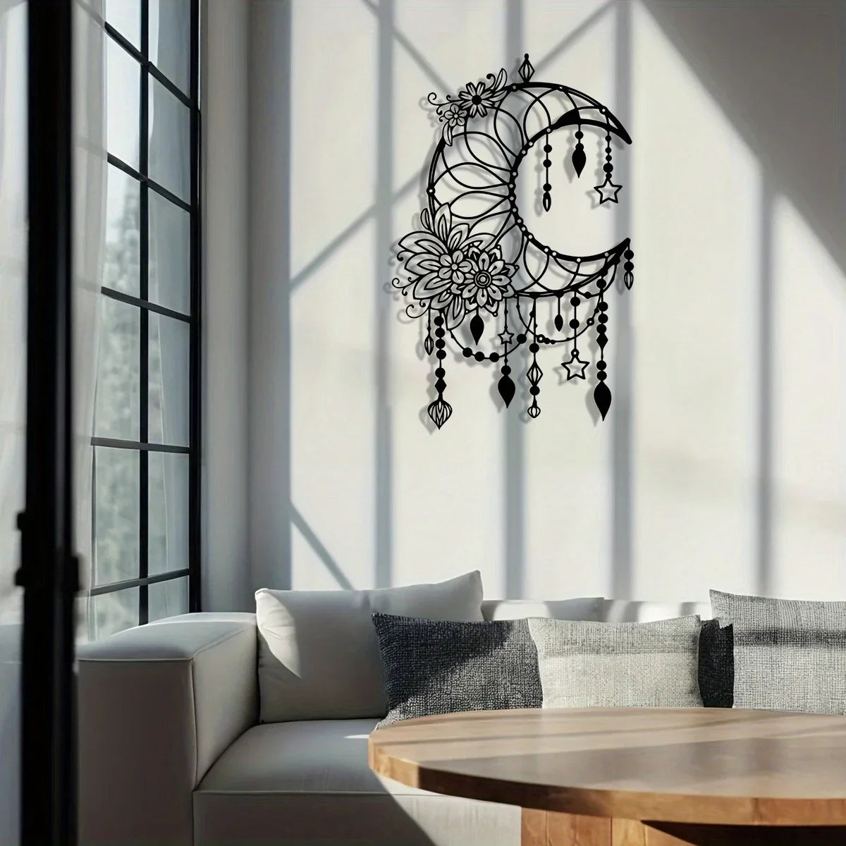 Elegantes Gothisches Mond & Blumen Metall Wandbild – Modernes Hängedekor