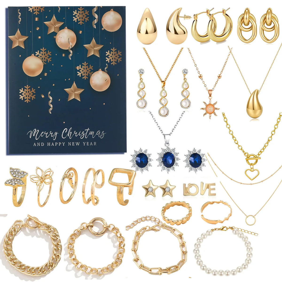 Goldfarbener Schmuck-Adventskalender – 24-Tage-Weihnachtskalender mit Halsketten, Armbändern & Ohrringen