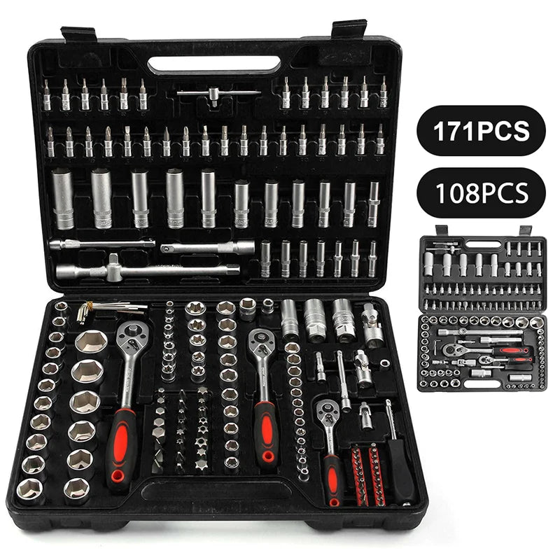 108-teiliges Steckschlüssel Set Auto Reparatur Werkzeug Ratsche & Drehmomentschlüssel Kombination Werkzeugkoffer