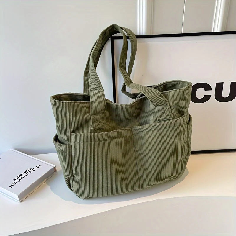 Damen Casual Cord Tote Bag – Gestreifte Schultertasche mit Reißverschluss | Große Kapazität Handtasche für Alltag & Shopping Kaufschwan® Armeegrün