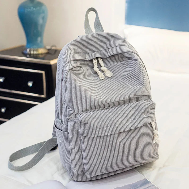Gestreifter Cord Rucksack für Damen | Minimalistischer Großraum-Tagesrucksack | Herbst & Winter Freizeit- und Reisetasche Kaufschwan® Hellgrau