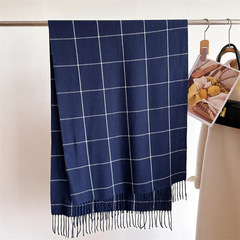 Modischer Karo Kaschmir-Imitat Schal | Luxus Pashmina Wärmeschal | Umschlagtuch, Poncho Decke mit Fransen Kaufschwan® Blau