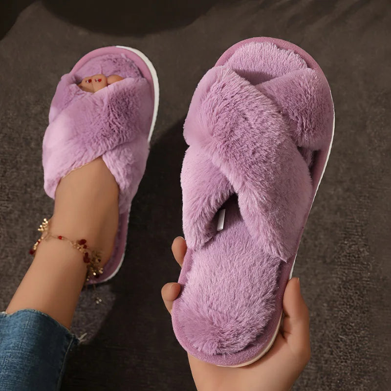 Modische Cross-Strap Plüschpantoffeln für Damen | Flauschige Hausschuhe für Zuhause | Kunstfell Flacher Absatz, Große Größe 43 Kaufschwan® Lila 36-37