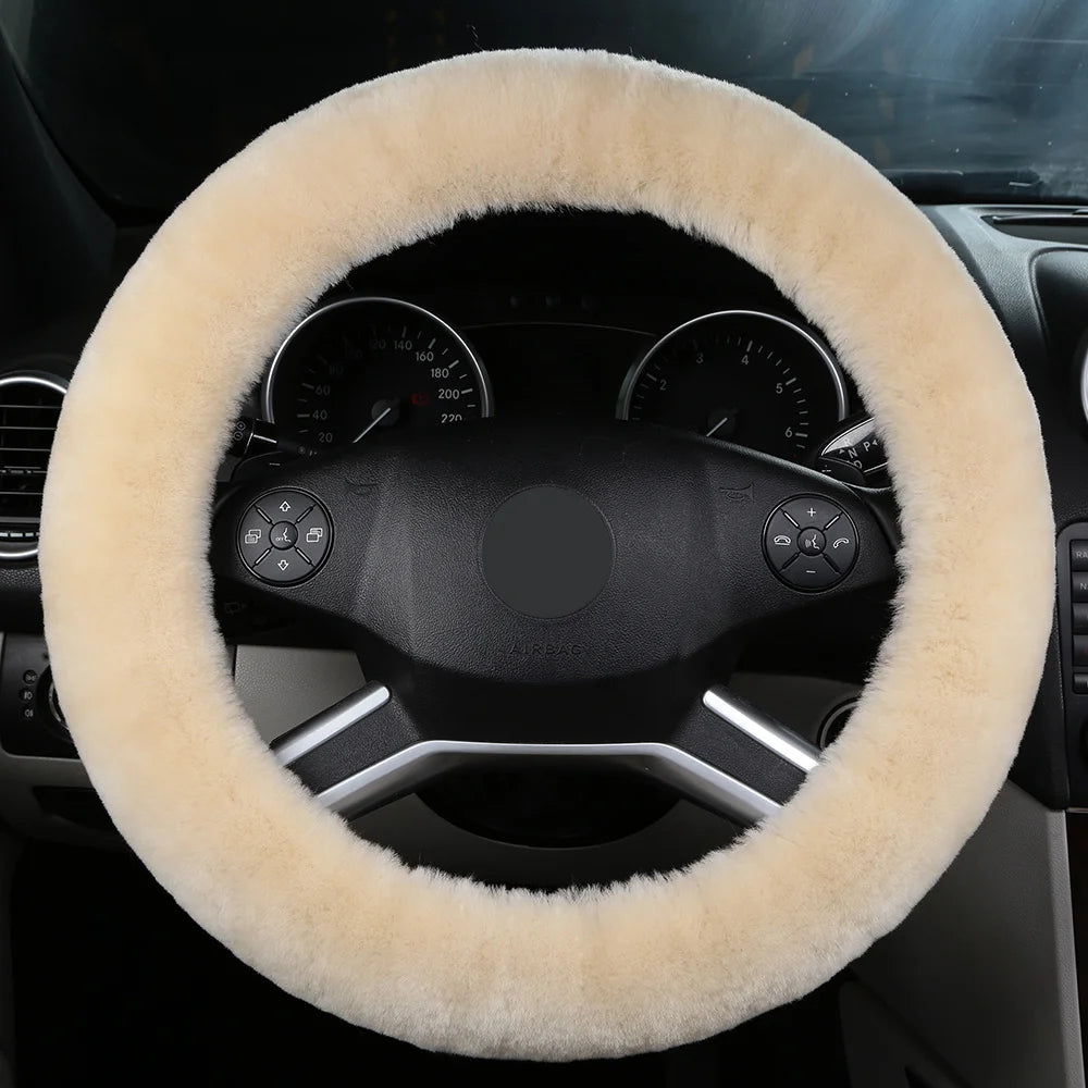 Dicker Woll-Lenkradbezug – Weicher Flauschiger Rutschhemmender Winterbezug für 36,5–38,5cm Lenkräder Kaufschwan® Beige