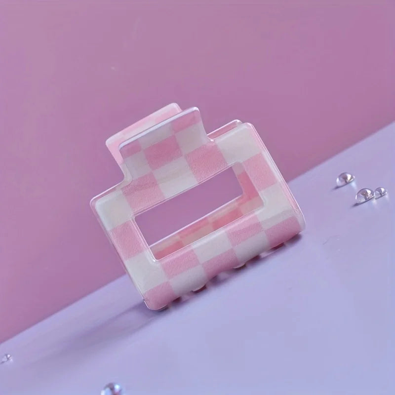 Mittlere Quadratische Haarklammer – Mehrfarbige Karomuster PVC-Klammer Kaufschwan® Rosa