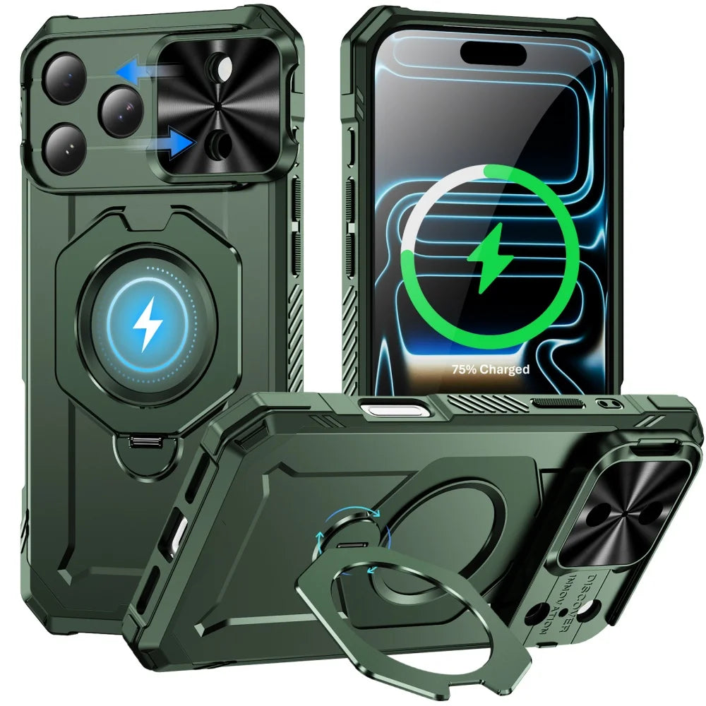 Hochwertige Mecha-Armor MagSafe-Hülle für iPhone 18 Pro & iPhone 18 Pro Max – Magnetischer Ständer mit Verschiebbarem Kameraschutz Kaufschwan® Dunkelgrün iPhone 18 Pro