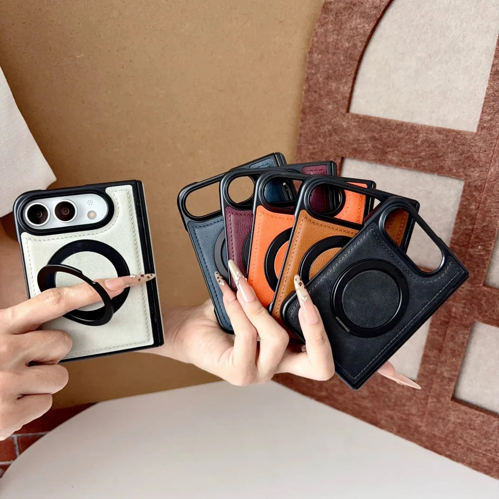 Luxuriöse Retro-Schutzhülle in Lederoptik für iPhone Duo 18 Fold und 18 Duo – Magnetische MagSafe-Kompatible Hülle mit Drehbarem Ständer und Stoßschutz Kaufschwan®
