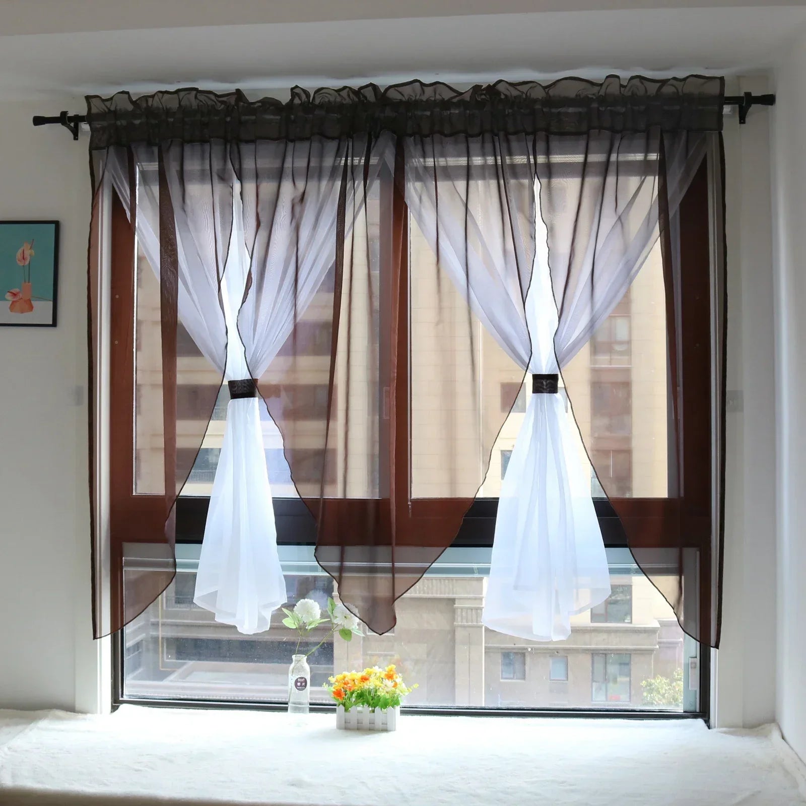 Einfarbiger Voile Transparenter Vorhang für Wohnzimmer Schlafzimmer Küche Balkon Fenster 2 Stück/Set Kaufschwan® Dunkler Kaffee W300cm x H140cm