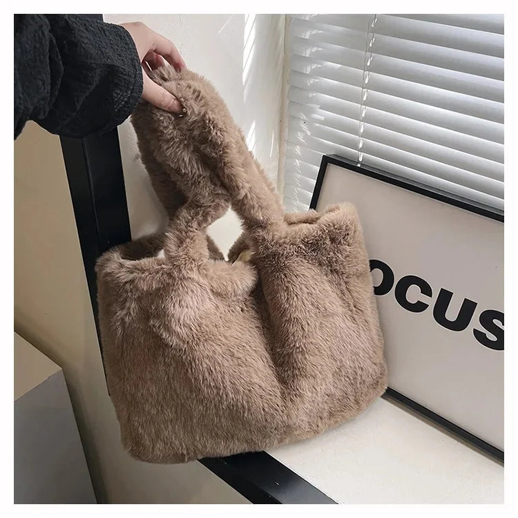 Herbst Winter Plüsch Tote Bag – Damen Modische Schultertasche | Vielseitige Ins Style Handtasche mit Laptopfach Kaufschwan® Dunkelbraun 35x10x55cm