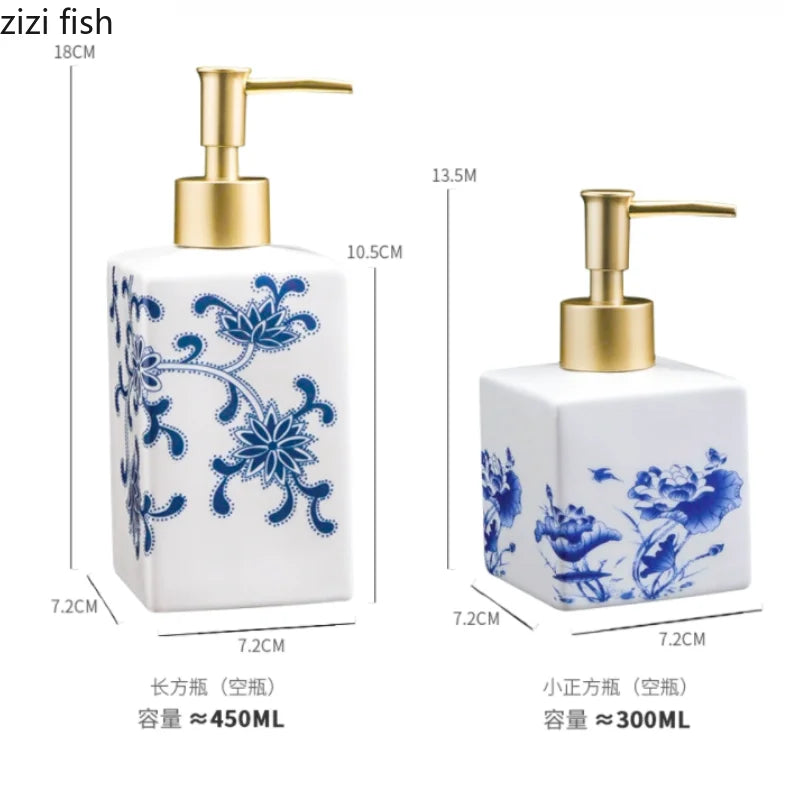 Blau-weiße Keramik-Lotion- und Desinfektionsmittelflasche – Quadratischer Spender für Shampoo, Duschgel & Badezimmer Kaufschwan®