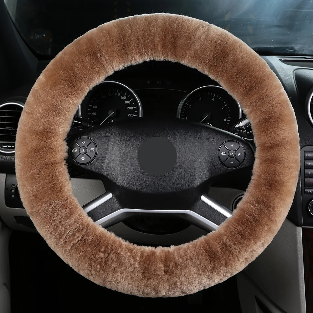 Dicker Woll-Lenkradbezug – Weicher Flauschiger Rutschhemmender Winterbezug für 36,5–38,5cm Lenkräder Kaufschwan® Braun