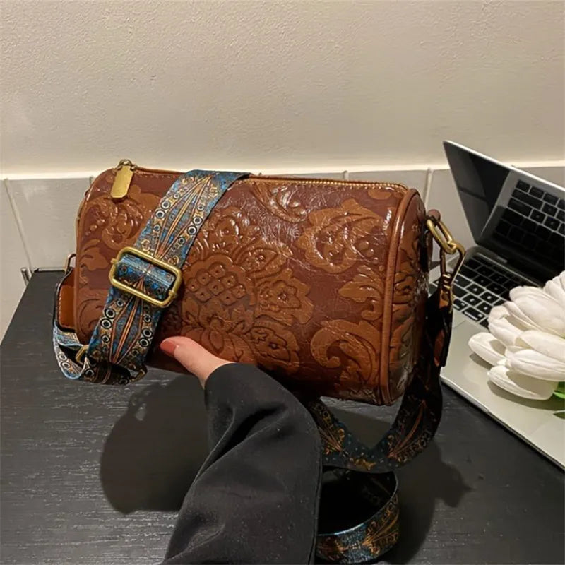 Retro Bestickte Blumen Leder Schultertasche – Klassische Zylinder Crossbody Handtasche für Damen | Alltag, Arbeit & Party Kaufschwan®