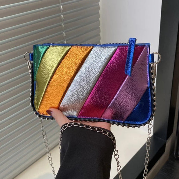 Regenbogen Gestreifte Damen Tasche – Leichte Ketten Crossbody, Schulter & Clutch Handtasche | Modische Handy Tasche Kaufschwan®