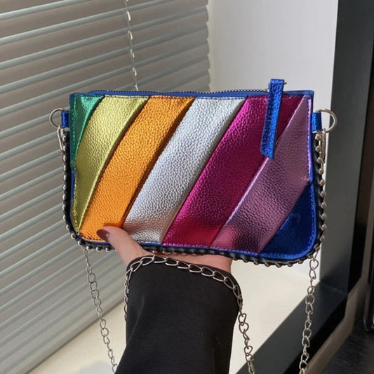 Regenbogen Gestreifte Damen Tasche – Leichte Ketten Crossbody, Schulter & Clutch Handtasche | Modische Handy Tasche Kaufschwan®