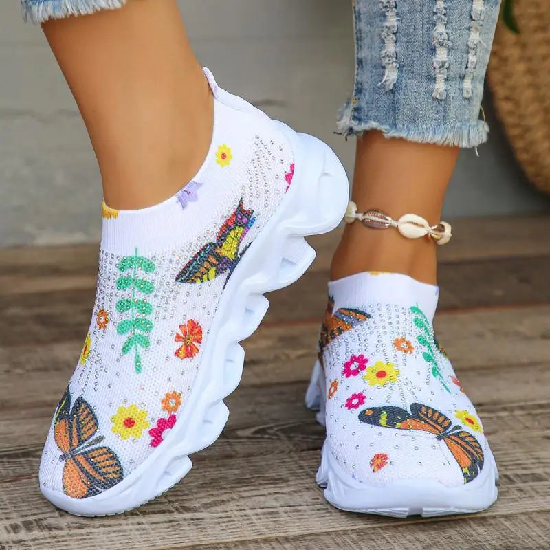 Kristall Blumen Damen Strick-Sneaker – Sommer Atmungsaktive Air Mesh Freizeitschuhe | Leichte Sportschuhe & Walking Flats Kaufschwan®