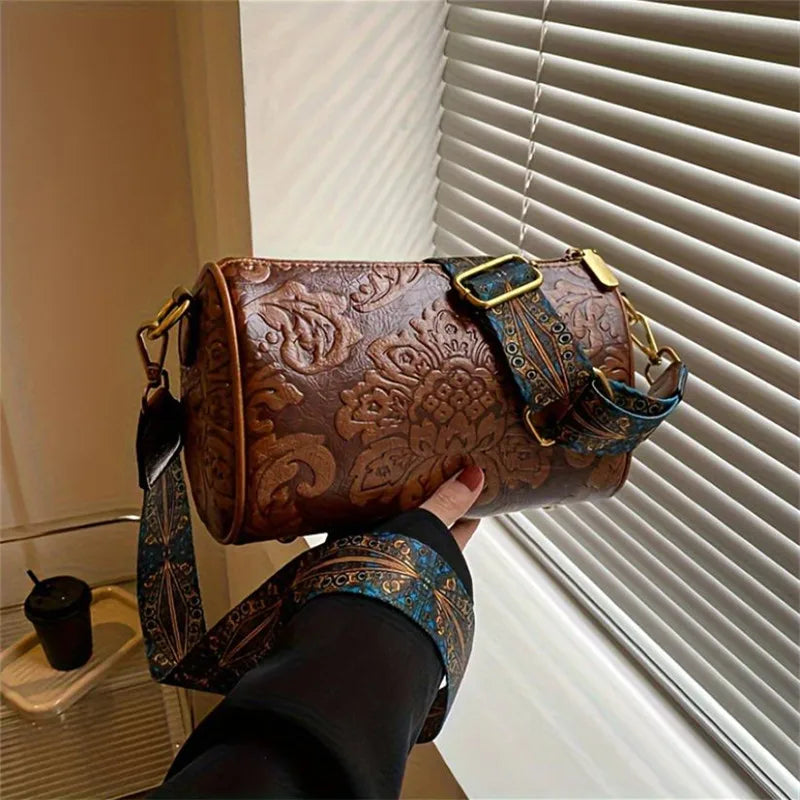 Retro Bestickte Blumen Leder Schultertasche – Klassische Zylinder Crossbody Handtasche für Damen | Alltag, Arbeit & Party Kaufschwan®