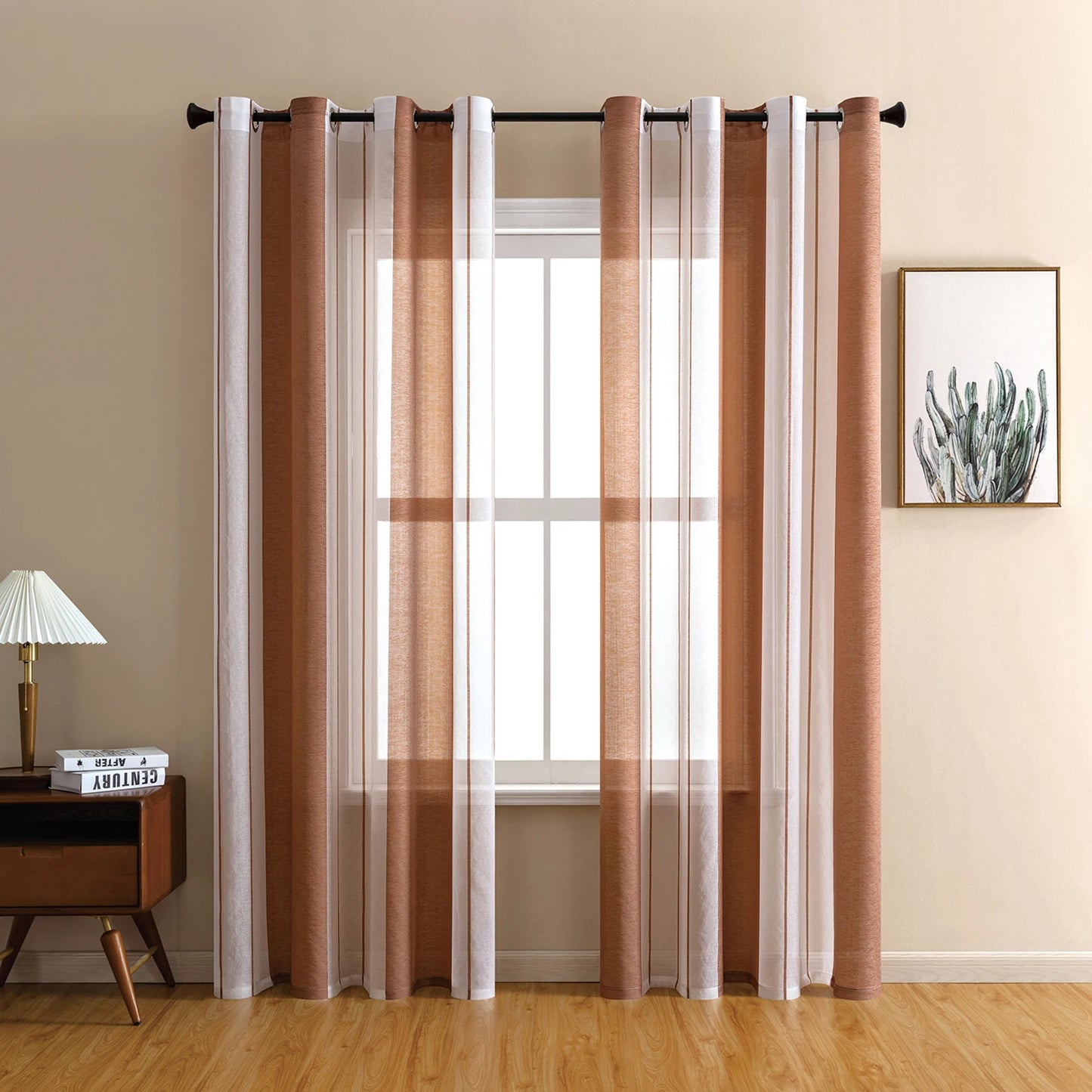 Moderner Gestreifter Halb Transparenter Voile Vorhang mit Ösen für Wohnzimmer Schlafzimmer Büro 2 Stück/Set Kaufschwan® Braun 140x245cm