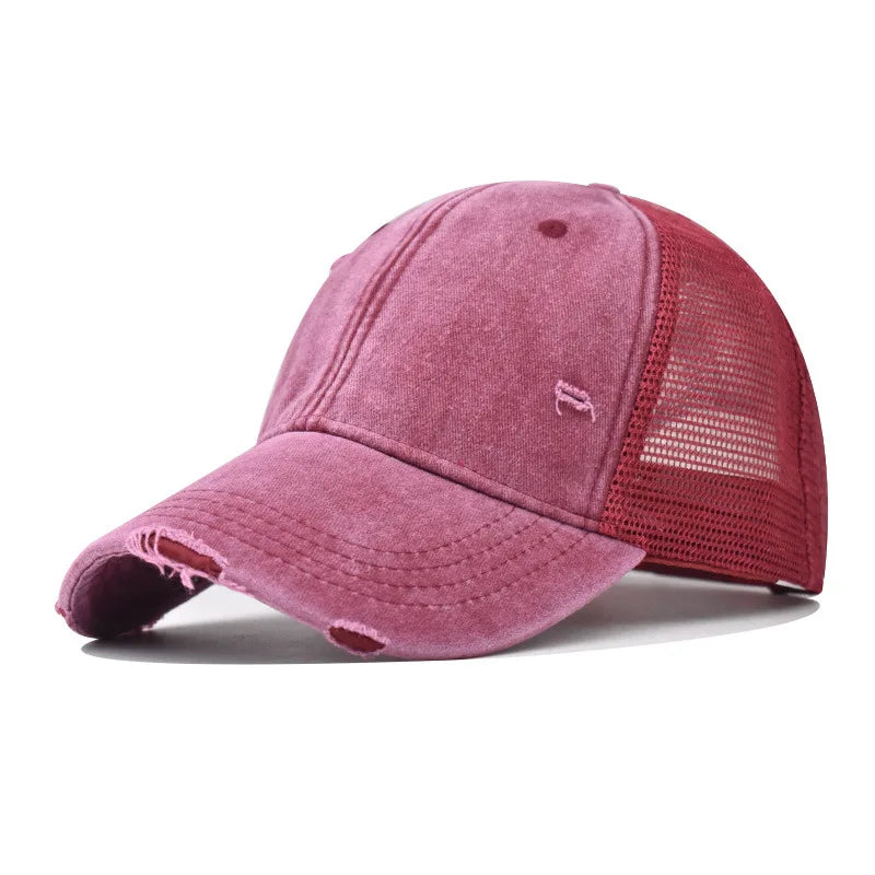 Washed Cotton Mesh Baseballkappe | Vintage Ripped Leichte Kappe für Herren & Damen | Atmungsaktive Frühlings- & Sommermode Kaufschwan® Weinrot