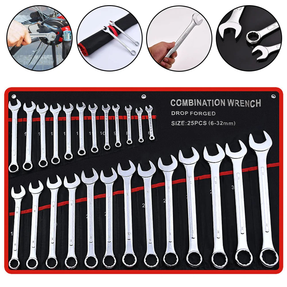 25-teiliges Dual-Ratschen Schraubenschlüssel Set 6-32mm mit Torx & Canvas Werkzeugtasche