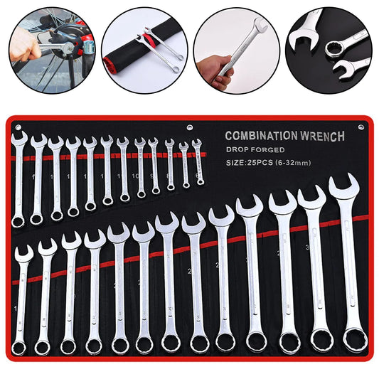 25-teiliges Dual-Ratschen Schraubenschlüssel Set 6-32mm mit Torx & Canvas Werkzeugtasche