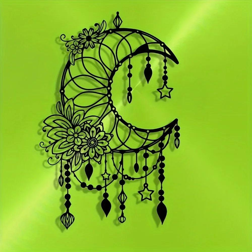 Elegantes Gothisches Mond & Blumen Metall Wandbild – Modernes Hängedekor