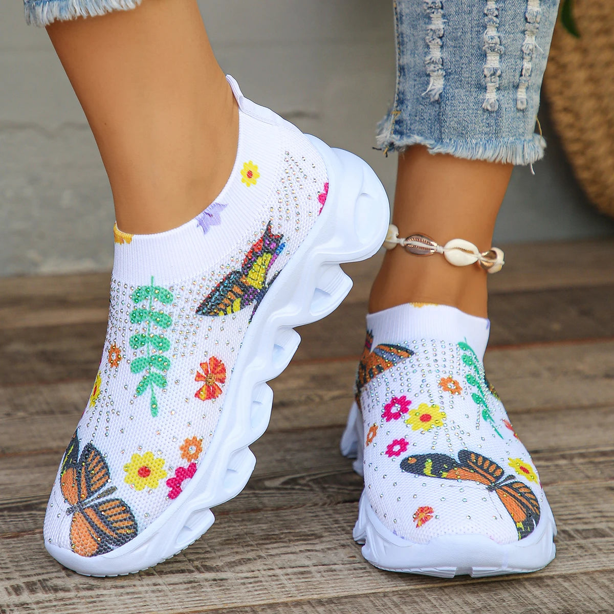 Kristall Blumen Damen Strick-Sneaker – Sommer Atmungsaktive Air Mesh Freizeitschuhe | Leichte Sportschuhe & Walking Flats Kaufschwan®