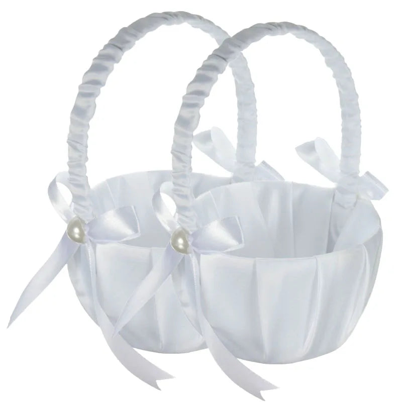 Satin Perlen Blumenkorb – Eleganter Hochzeitskorb für Blumenmädchen und Ringe Kaufschwan® Design 1 - 2er Set